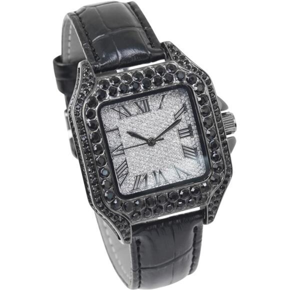 NEW Iced Out Black Leather Watch - Picture 1 of 5